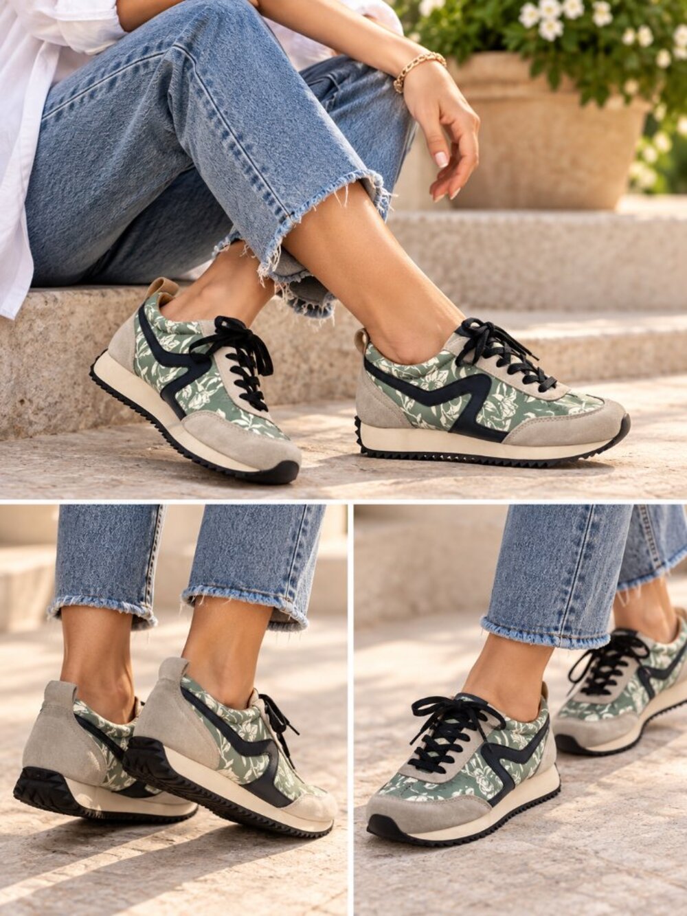 Rag & Bone Retro Mixed Media Runner Sneakers Green Floral Size 36.5